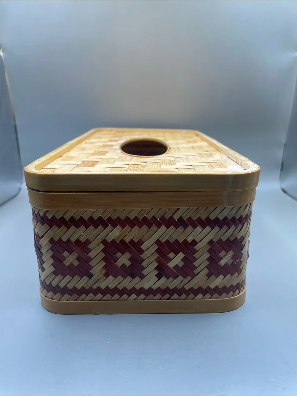Vintage Bamboo Woven Red Geometric Design Tissue Box Cover With Lid 10.5x3.5”